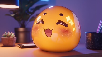 Cute Smiling Yellow Blob Lamp on Desk.