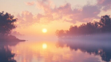 Obraz premium A serene sunrise over a calm river, with mist rising from the water and soft pink and orange tones in the sky.