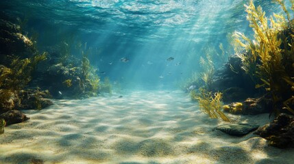 Fototapeta premium A serene undersea landscape with a sandy ocean floor, patches of seaweed, and small fish darting in and out of view.