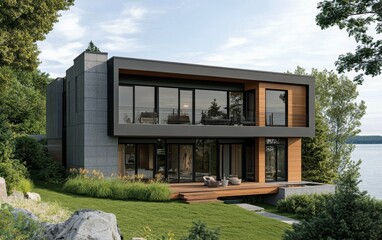 Fototapeta premium Modern lakeside home with expansive windows and natural landscaping by the shore