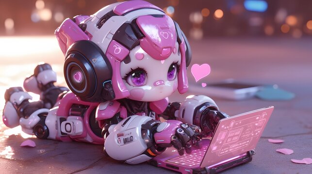 Cute Pink Robot Using a Laptop.
