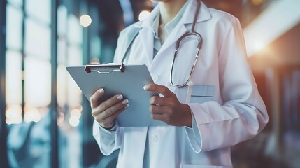 Doctor Reviewing Medical Charts on Transparent Display, Business Theme, Portrait Shot, Medical, Charts