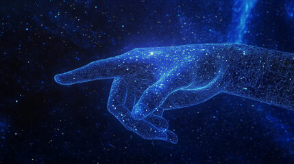 A 3D hand, pointing with its index finger, seems to be pressing a button. The image uses a dark blue color and looks like a starry night. It's made up of digital shapes and lines, like a wireframe.