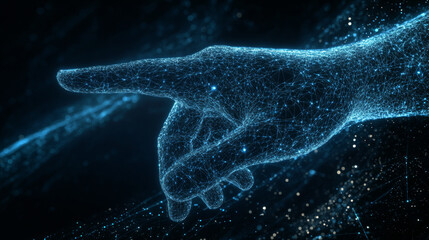 A 3D hand, pointing with its index finger, seems to be pressing a button. The image uses a dark blue color and looks like a starry night. It's made up of digital shapes and lines, like a wireframe.