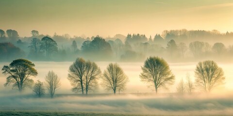 Obraz premium Distant trees in misty background, creating a serene and ethereal wallpaper
