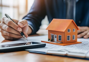Fototapeta premium Signing documents for a new home purchase with a miniature house model on the table