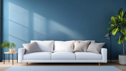 Modern Blue Living Room Interior with Cozy White Sofa and Stylish Decor