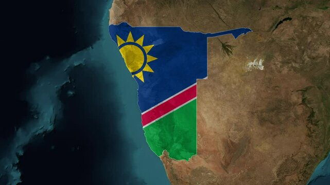 Zoom from Earth to Namibia. (Country Flag) High quality world map animation with country borders highlighted. Images from NASA