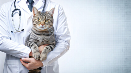 Banner veterinarian holding a tabby cat during a medical checkup, ideal for pet healthcare marketing, animal clinic promotions, and veterinary service advertisements