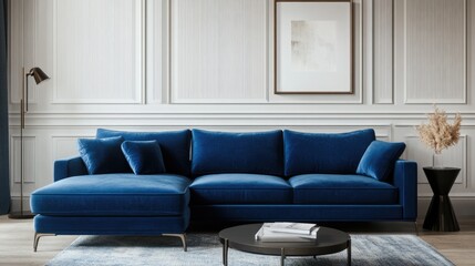 Contemporary Living Room Interior with Blue Sofa and Classic Design Elements