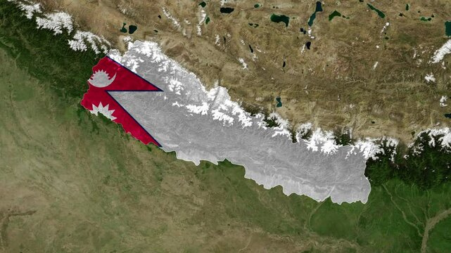 Zoom from Earth to Nepal. (Country Flag) World map animation with highlighted borders of countries. Images from NASA