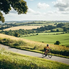 Obraz premium A cyclist rides down a winding road through rolling green hills and fields on a sunny day.