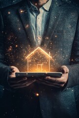 Person using a smartphone with glowing home icons in a dimly lit environment at night