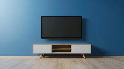 Modern TV Cabinet in Blue Wall Room with Minimalist Design, 3D Rendering