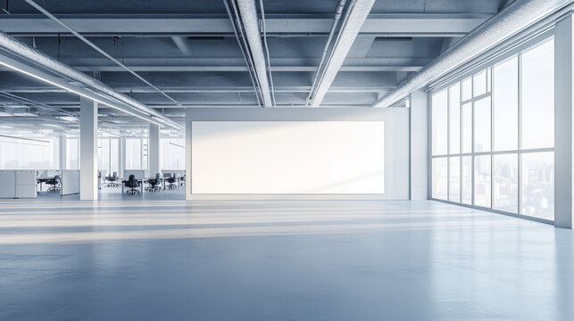 A 3D picture shows a large office with a blank whiteboard. You can see the entire room from all angles.