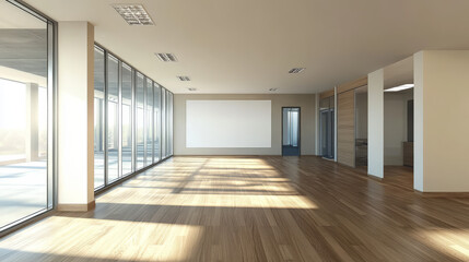 Fototapeta premium A 3D picture shows a large office with a blank whiteboard. You can see the entire room from all angles.