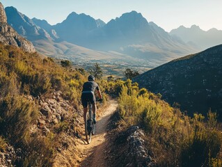 Fototapeta premium A lone cyclist rides along a mountain path, with a picturesque view of the valley and mountains in the background.