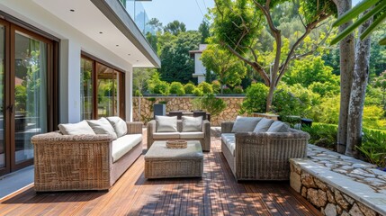 Fototapeta premium Large terrace with garden and rattan furniture AI generated image