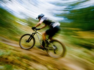 Fototapeta premium A mountain biker speeds down a trail, blurred motion creating a sense of speed and energy.
