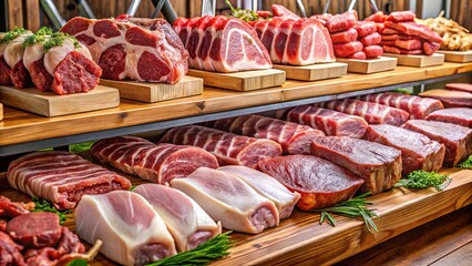 Assorted meat cuts on wooden display ray at butcher shop