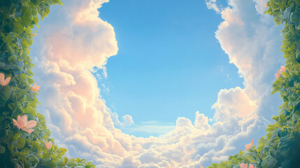 blue sky in the center, green grass surrounded, nature and sky frame background