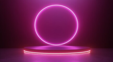 Neon pink circular light illuminates a display platform in a minimalistic studio setting