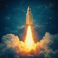 Rocket launches into the sky, surrounded by a plume of smoke and bright flames during a clear day