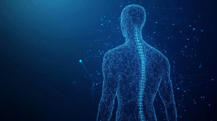 A blue background shows a simplified outline of a man's body made of shapes, dots, and lines. This represents the idea of health and medicine in a digital way.low poly vector illustration.