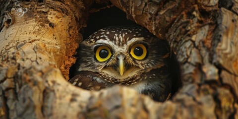 Alert Spotted Owlet Athene brama peering from tree hollow nest in forest park featuring yellow eyes white eyebrows and neck band