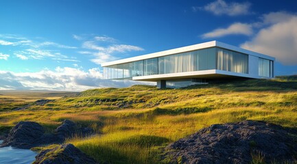 Modern architectural house on a green hillside under a clear blue sky at sunset