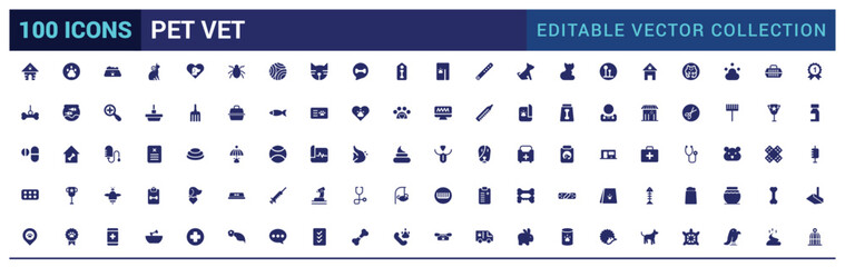 Pet vet and pet shop solid icon set. Filled icon collections. Vector illustration. Solid icon pack. Glyph icon for web and ui. Editable stroke.