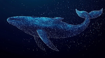 Fototapeta premium A blue whale made of geometric shapes. This digital art shows the whale against a starry night sky. It's made with lines, dots, and shapes that create a wireframe look.low poly vector illustration.