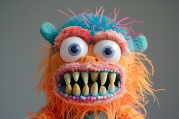 Obraz premium A fun and colorful rainbow furry monster puppet with large eyes and sharp teeth, perfect for children’s entertainment and puppet shows.