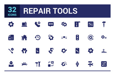 Repair icon collection. Related to fix, maintenance, toolbox, filled icon set, solid icon pack. Glyph icons for web and ui. Editable stroke. Vector illustration.