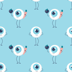Seamless pattern with healthy eyeball mascot. Health care and treatment. Cute organ internal character. Healthy human part, texture wallpaper background. Eyesight care.