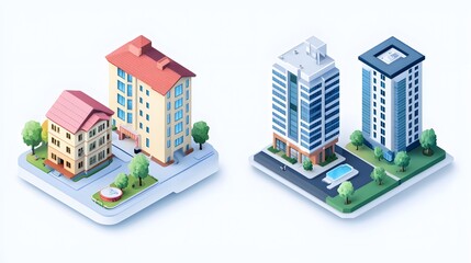 Isometric Illustration of a Residential Building and Two Apartment Towers