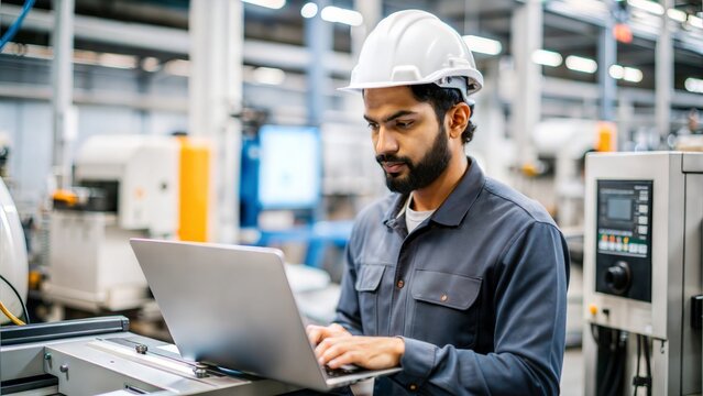 Factory Engineer Reviewing Production Data - An engineer analyzing production data on a computer in an Indian factory.

