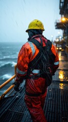 A worker in red protective gear stands on an offshore platform in heavy rain. The worker wears a yellow hardhat and safety harness while monitoring the rough sea conditions.