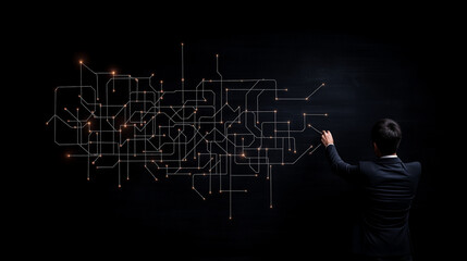 Businessman drawing complex network on dark background, technology and innovation concept