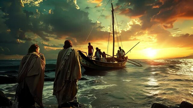 Jesus walking on water towards Peter's boat with disciples 2K Video