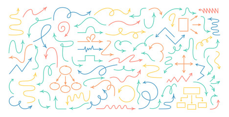 Obraz premium Hand Drawn Editable Stroke Arrows Collection. Colorful Thin Winding Line Pointers. Outline Arrows Big Set.