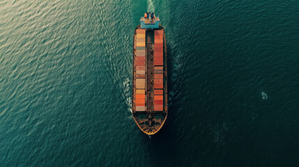 A big cargo ship is sailing on the open sea. You can see the entire ship from above, and there's plenty of space around it.
