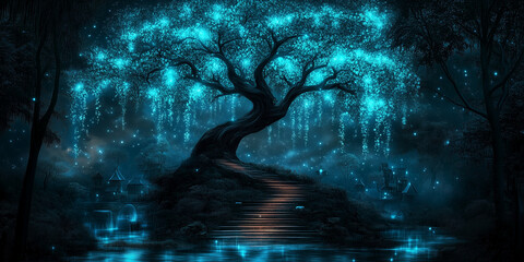 Glowing blue tree with hanging lights by a pond in a mystical forest, magical night landscape