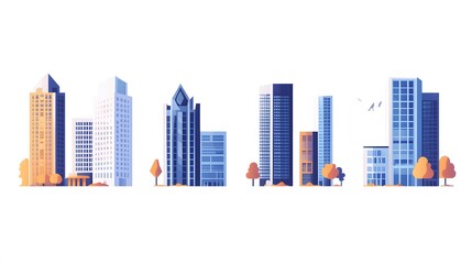 Obraz premium Five Modern Skyscrapers with Trees and a White Background