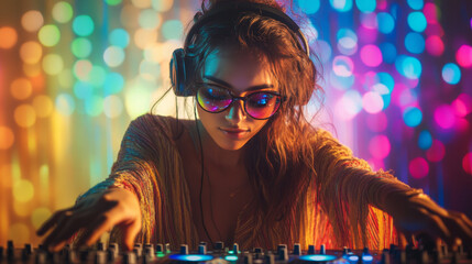 Female DJ focused on mixing music with colorful bokeh lights.