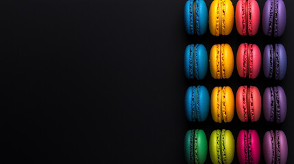 Colorful macarons stacked in neat rows on black background with copy space