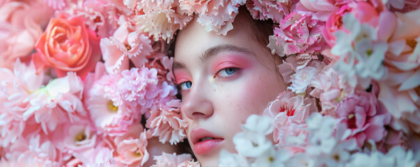 Woman with Floral Headpiece in Lush Flower Arrangement