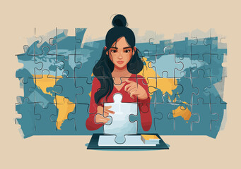 Female Leader Completing Puzzle with Final Piece Conceptualizing Business Solution Global Strategy Illustration