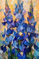 A vibrant painting of blue flowers with textured petals against a soft background, showcasing artistic expression.