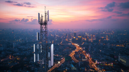 A city's high-speed internet network is shown, with a white tower sending out wireless signals. This represents the 5G technology that provides fast internet access.